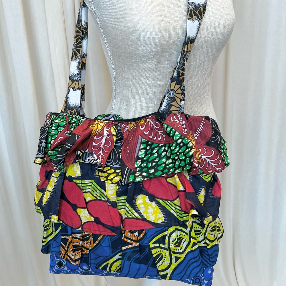 Handmade Multicolor Patterned Ruffle Crossbody Tote Bag